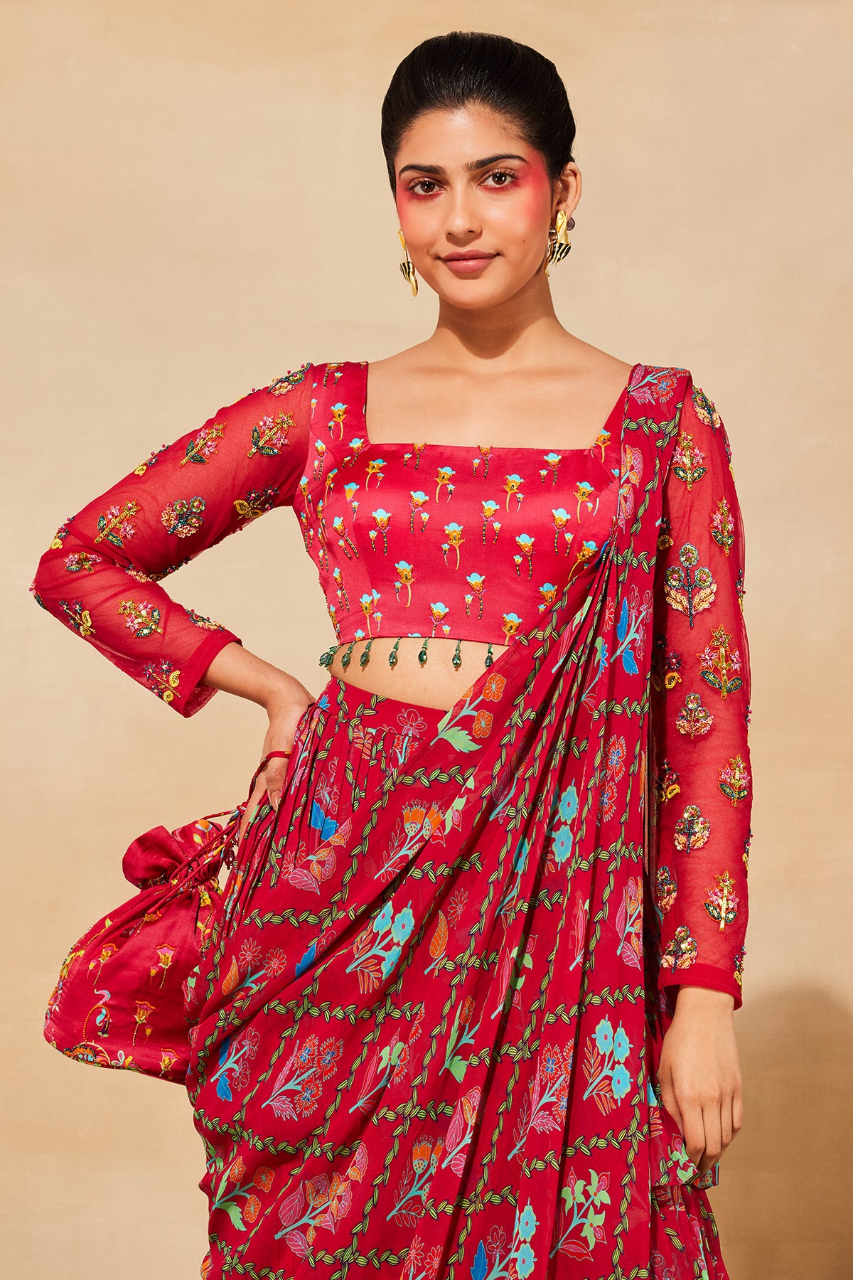 CRIMSON RED PRINT & EMBROIDERED SAREE SET