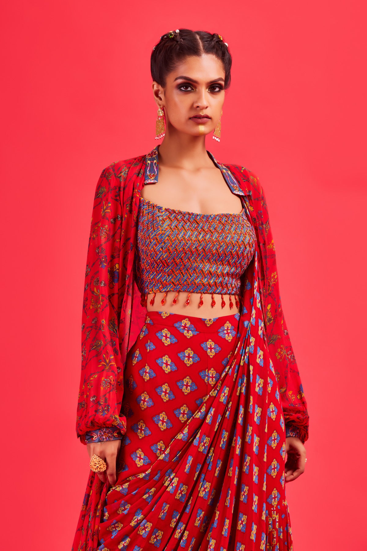 Red Bustier With Printed Cape & Gharara Sari