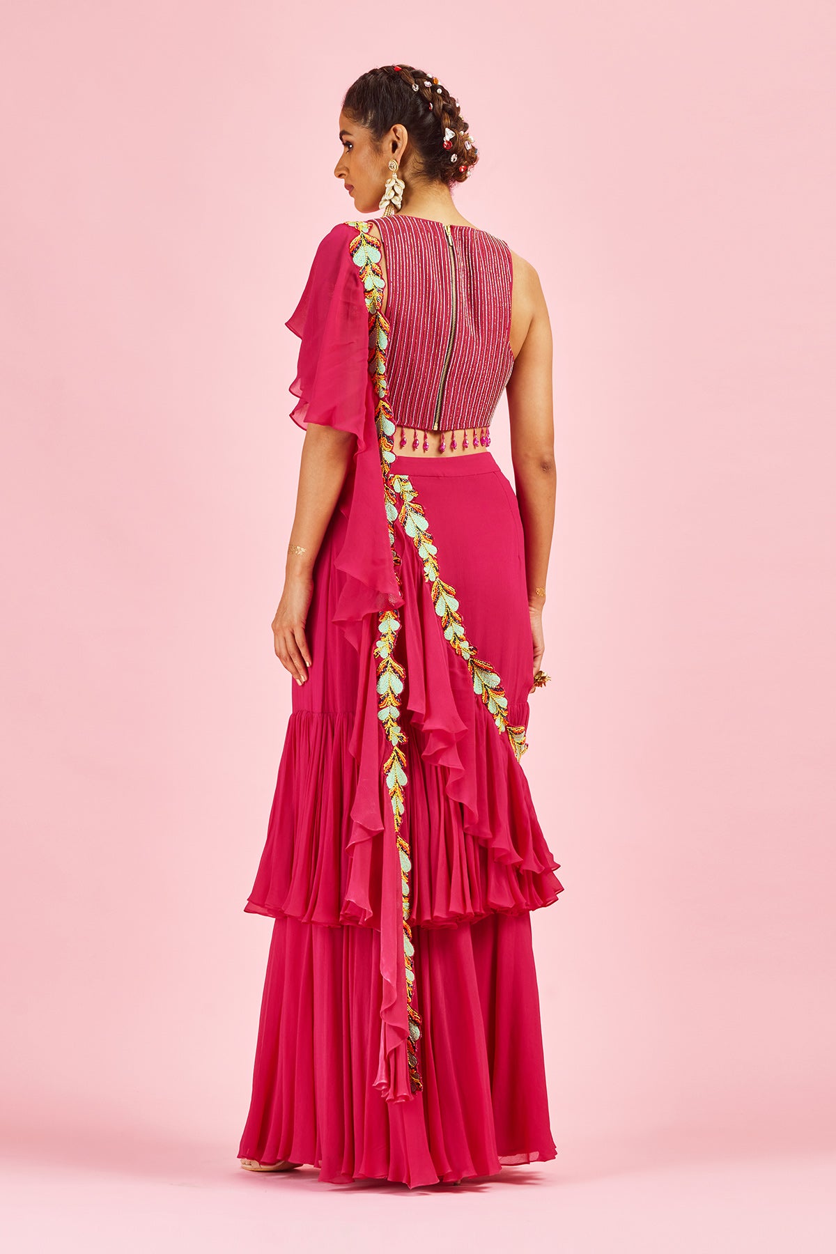 Fuchsia Pink Embroidered Blouse With Ruffle Sari