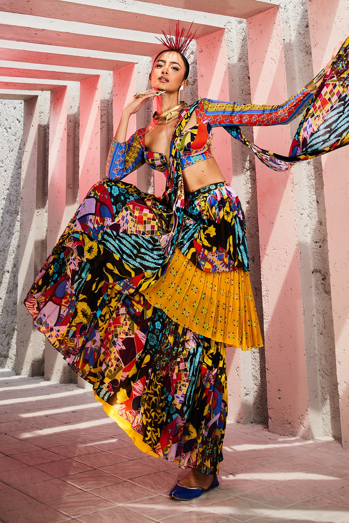 Yellow & Blue Aztec Print Layer Skirt Saree Set