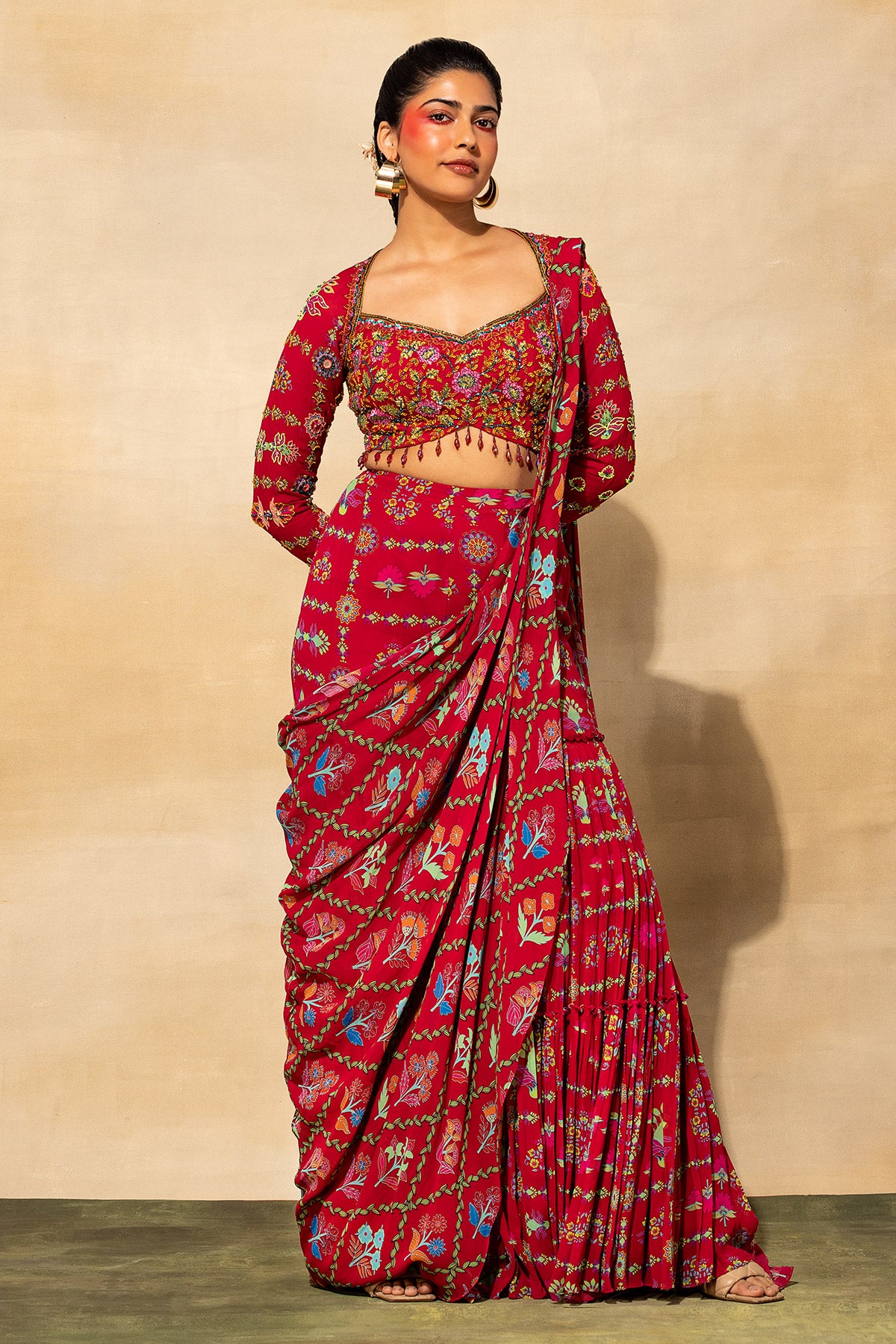 CRIMSON RED FLORAL EMBROIDERED & PRINTED SAREE SET