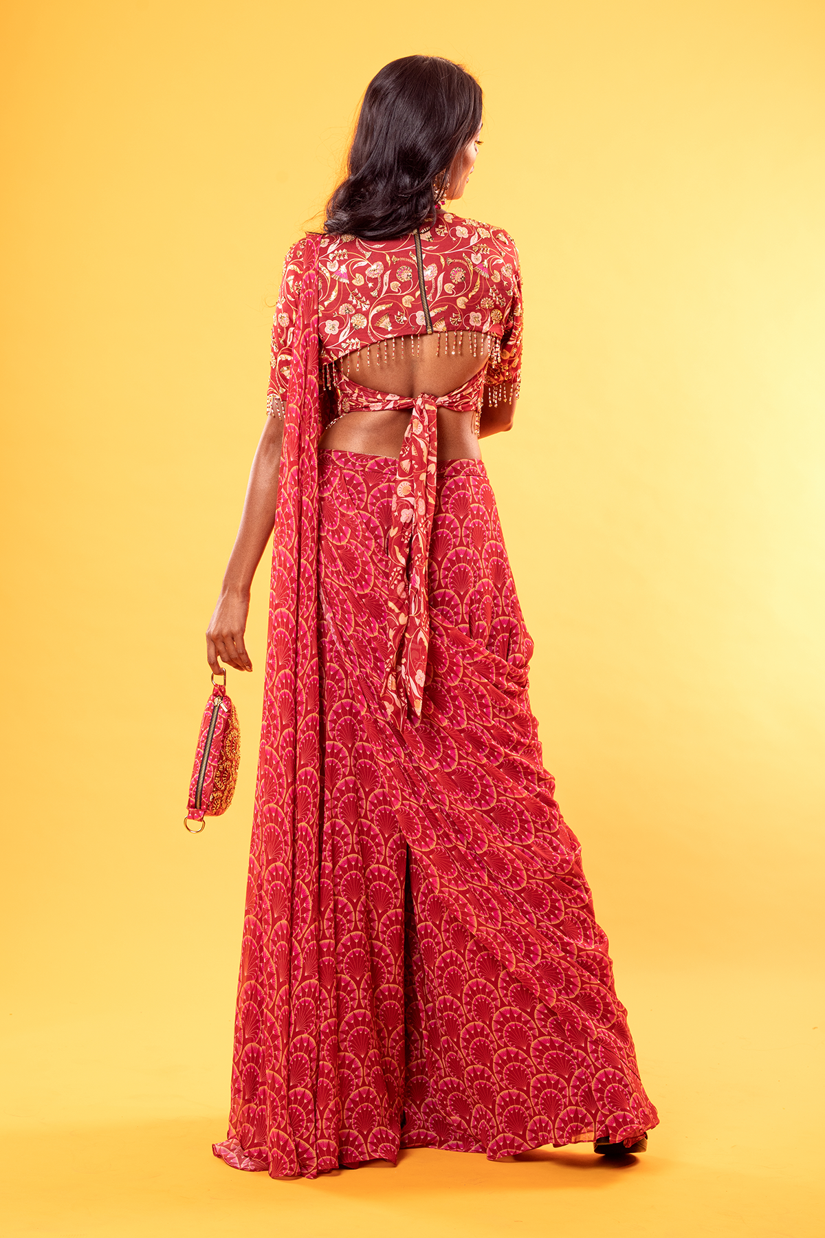 Maroon Jaal Printed & Highlighted Blouse With Fan Printed Sharara Saree & Potli Bag