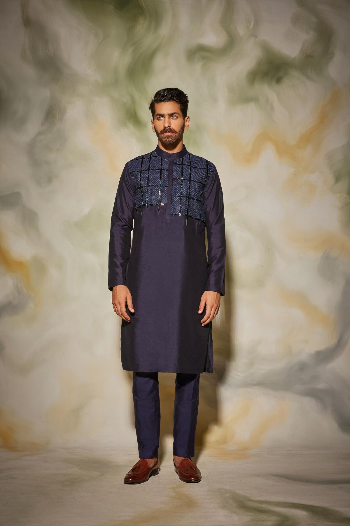 Dark Blue Self on Self quilted with Leather detail Kurta