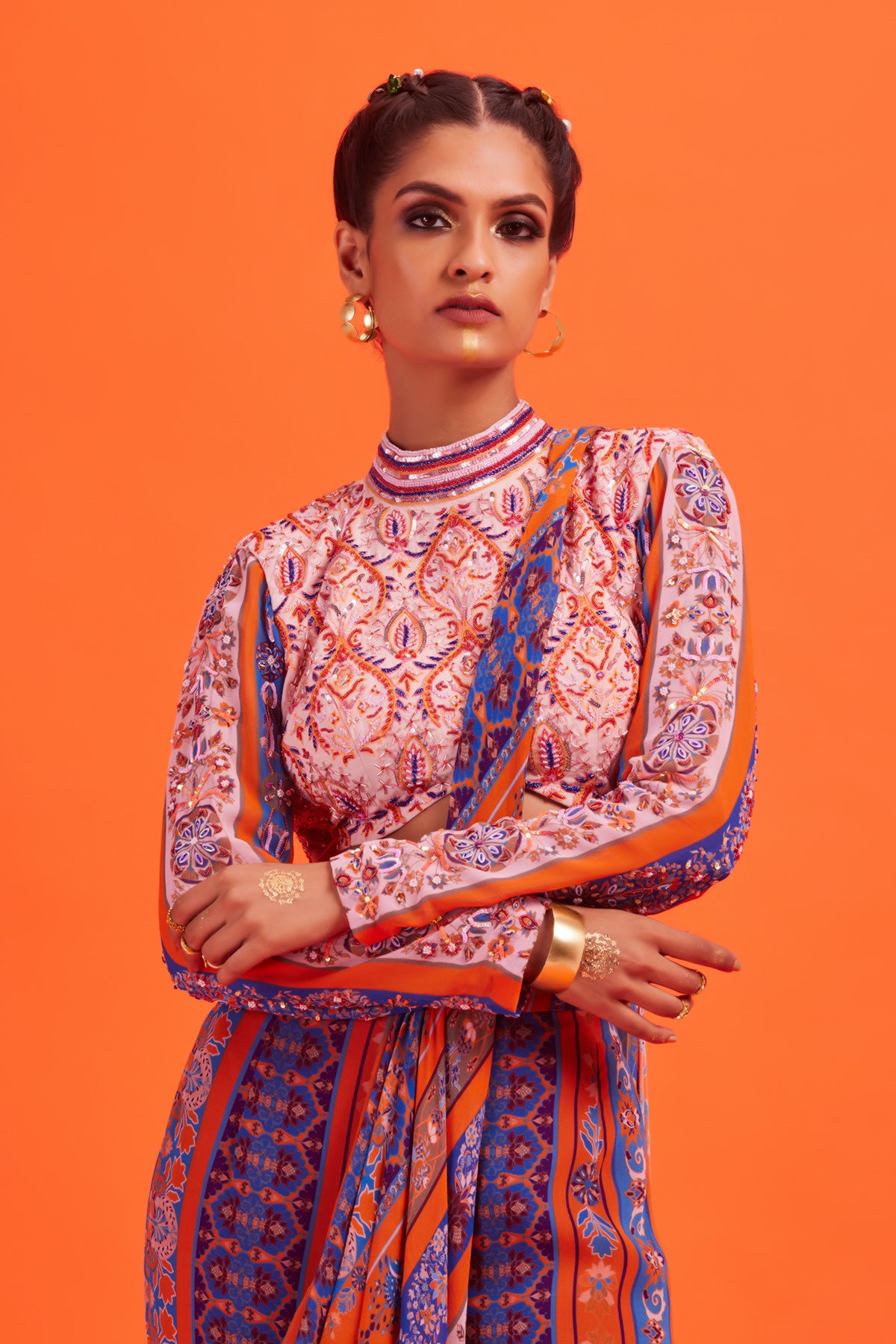 Peach Embroidered Blouse With Rust Stripe Printed Gharara Sari