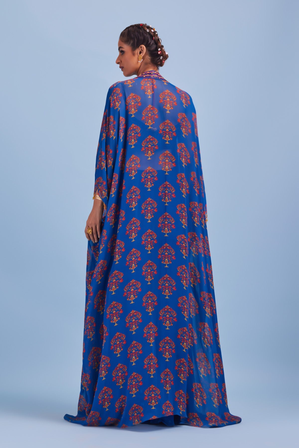 Rashmika Mandanna in  Blue Cord & Cutdana Embroidered Bustier Cape Set