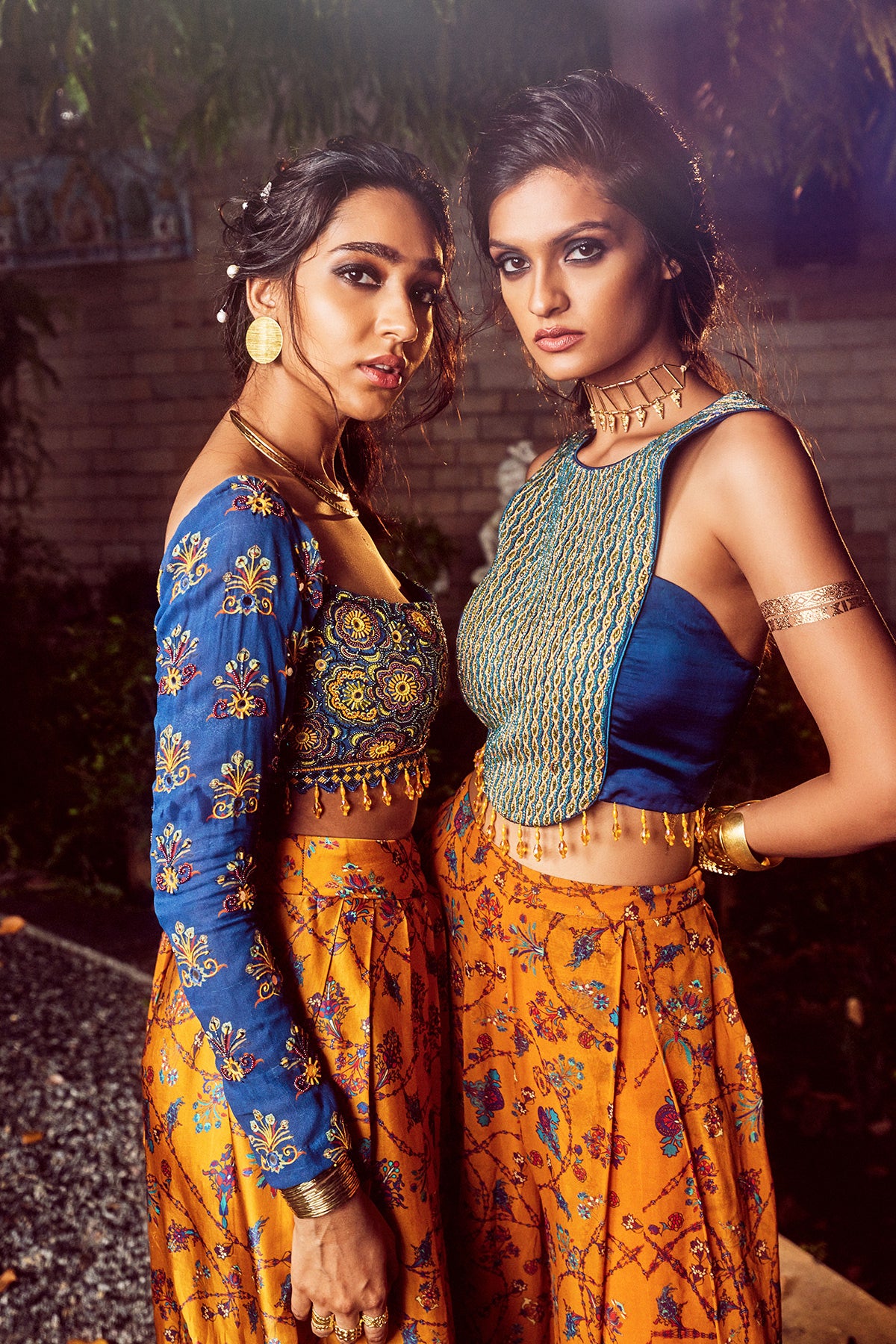Blue Cutdana Floral Embroidered Blouse With Yellow Bale Printed Dhoti Skirt