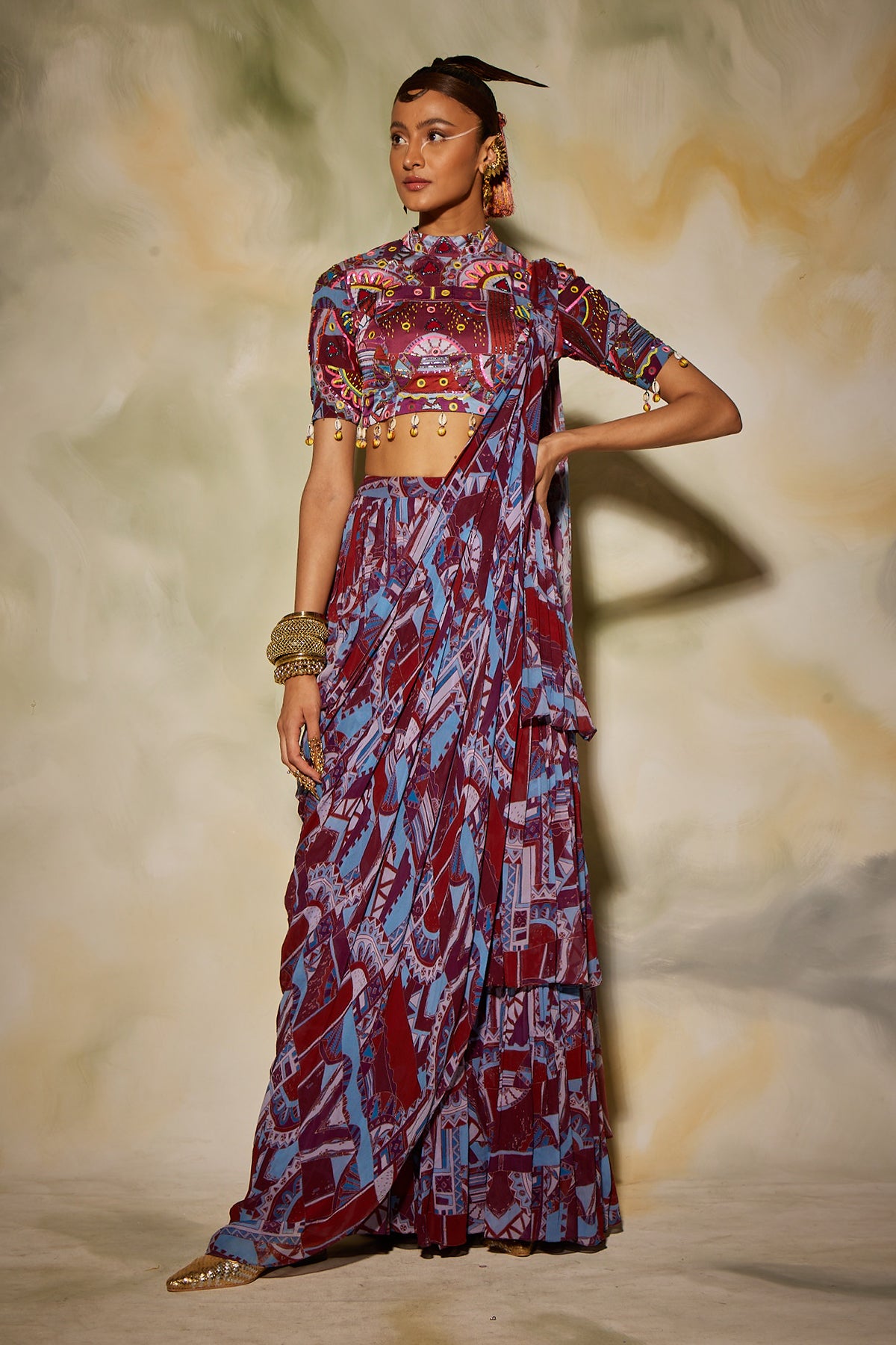 Purple geometric printed layer skirt saree
