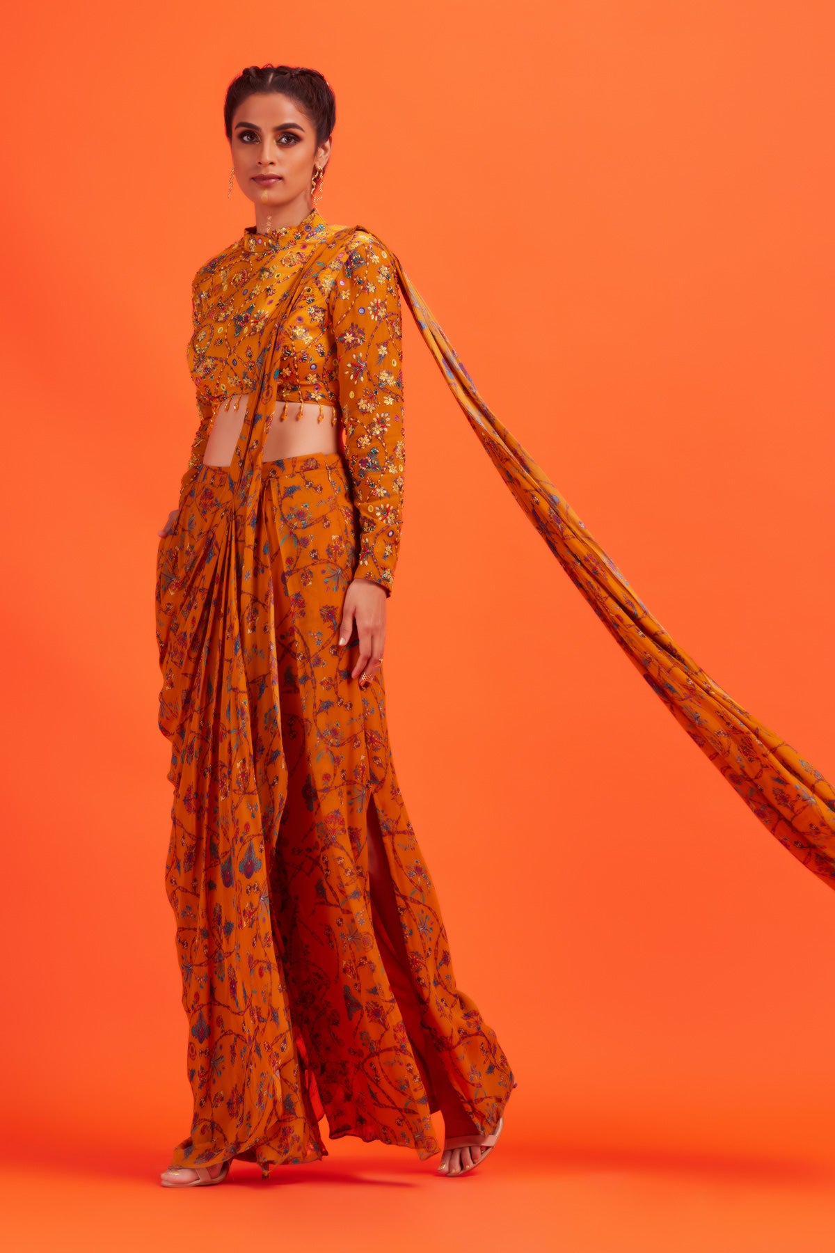 Yellow Bale Print Blouse With Box Pleat Side Slit Open Sari & Potli Bag