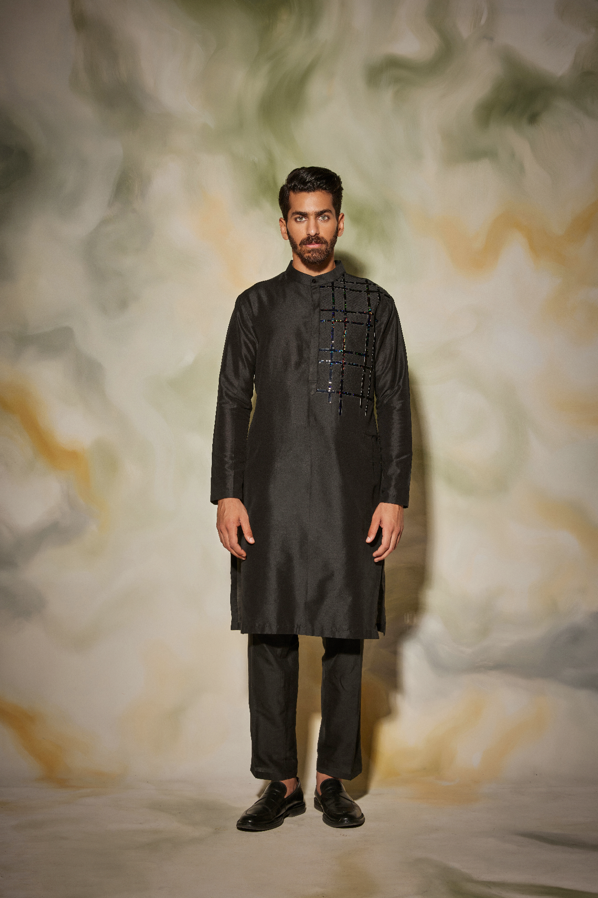 Black Self On Self One Side Quilted with leather detail Kurta