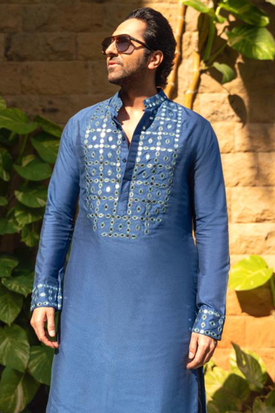 Ayushman Khurana in  Indigo Blue Self On Self acrylic and thread Embroidery Yoke Kurta