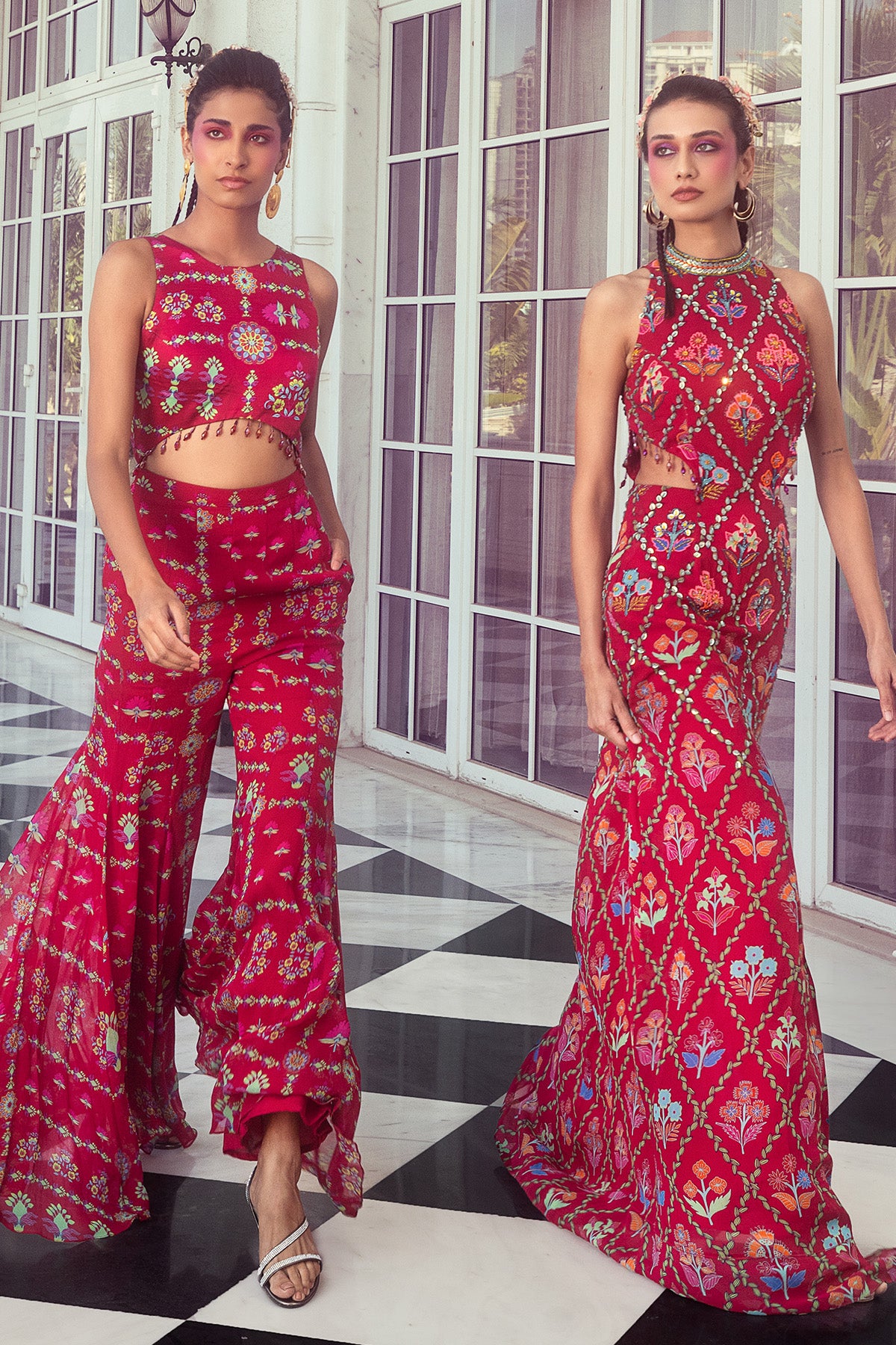 CRIMSON RED PRINT & EMBROIDERED JUMPSUIT