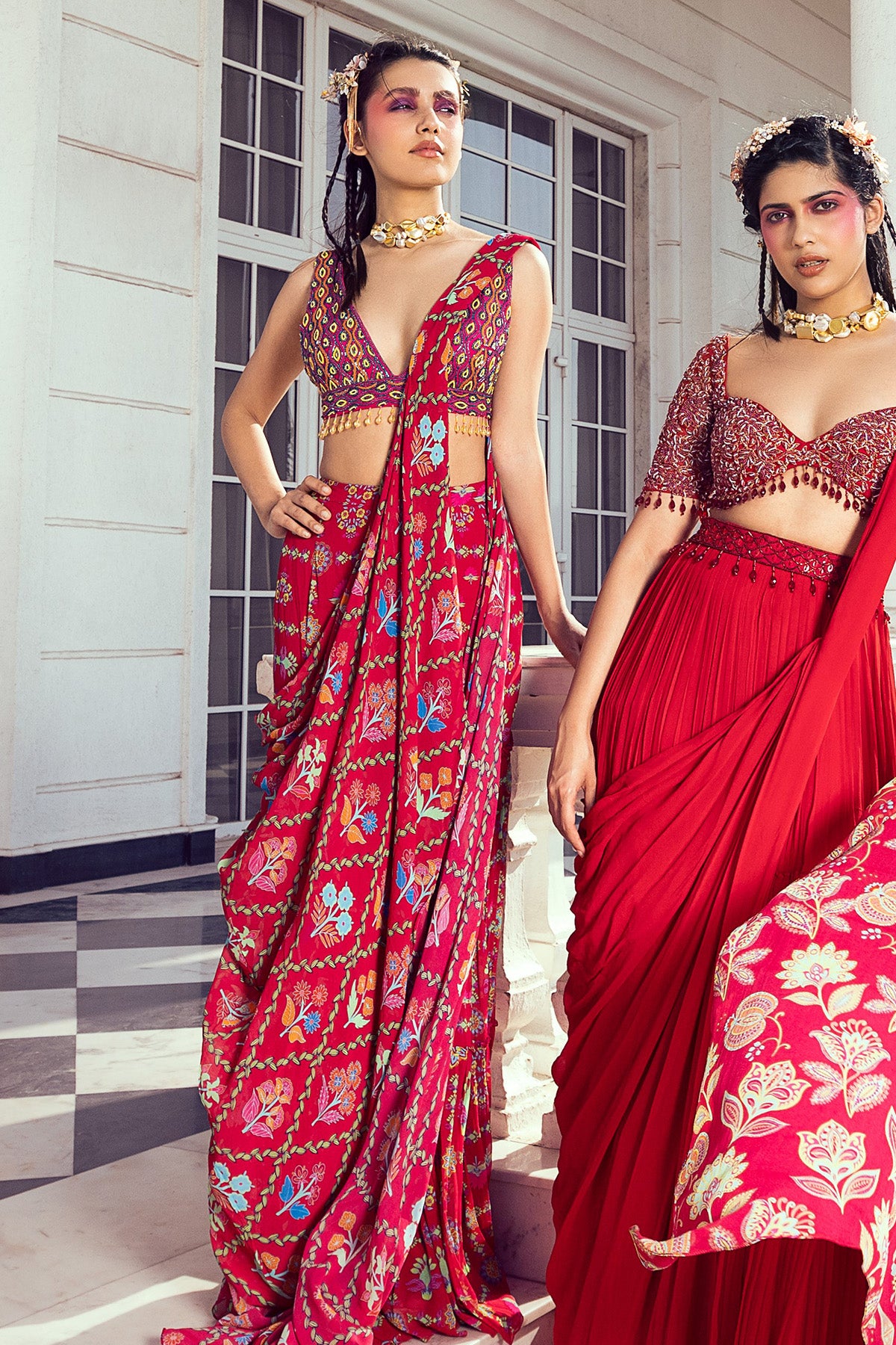 CRIMSON RED FEATHER EMBROIDERED SAREE SET